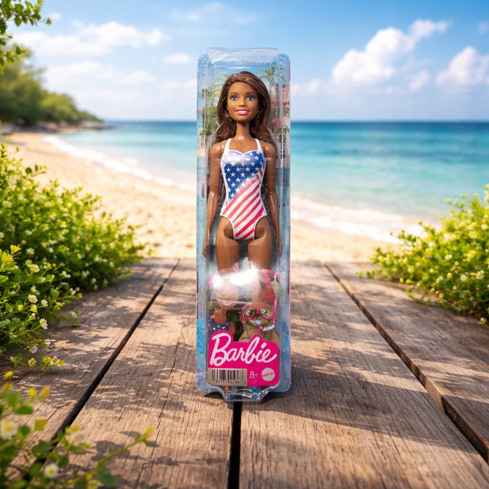 Mattel Barbie Doll with Beach Theme in an American Flag Swimsuit.